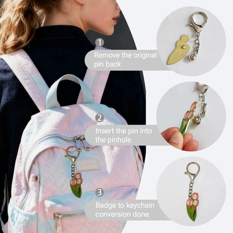 6 Pack Pin To Keychain Converter Locking Backs Turn Pins Into Keychains For Display On Bags And Accessories Enamel Pin Backing Brooch Holder Durable Metal Construction For Everyday Style And Easy Show Off shown on backpack