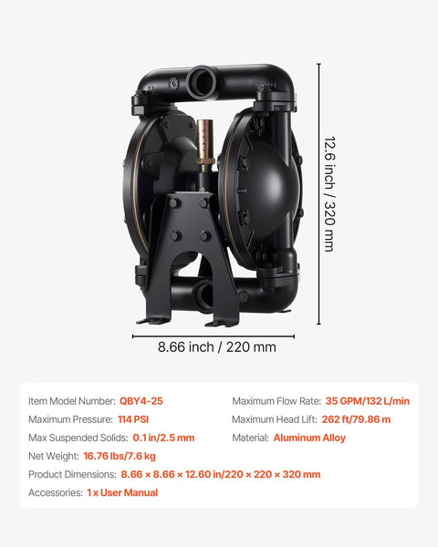 Air-operated double diaphragm pump, black aluminum alloy body, 1in inlet/outlet, 35 GPM.