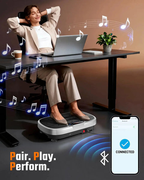 Woman using Vibration Plate Exercise Machine For Home Gym Full Body Workout with laptop, showing Bluetooth connection and music notes.