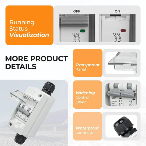 40Amp 550V DC Solar Panel Disconnect Switch For Solar PV Homes Mini Circuit Breaker Box with transparent panel and control lever