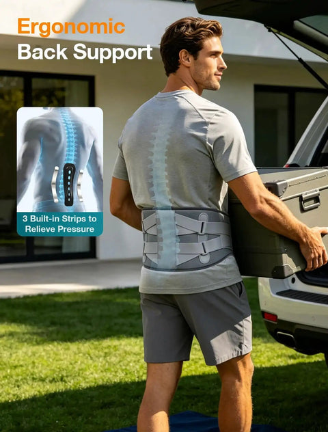 Man wearing ergonomic back support with built-in strips for pressure relief outdoors near car