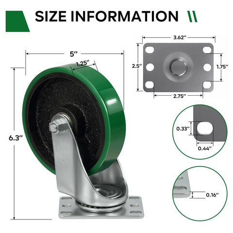 Five Inch Industrial Caster Wheels With Heavy Duty Cast Iron Core And Premium Thick Polyurethane Tread Non Marking Size Information