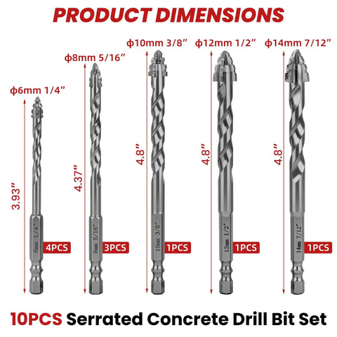 Upgraded Premium Masonry Drill Bit Set With Serrated Tungsten Carbide Tips Ten Piece Heavy Duty Professional Grade For Concrete Brick Tile Ceramic Stone Glass Wood And Plastic One Quarter To Nine Sixteenths Inch Hex Shank product dimensions