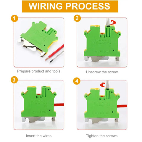 DIN Rail Ground Terminal Block With Screw Clamp For 600V 30A Electrical Wiring, Supports 24-10 AWG Conductors, wiring process steps.