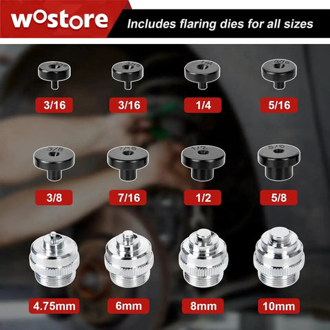 Brake Line Flare Kit for SAE Flares with Tubing Cutter and Pipe Reamer 7 Sizes shown with flaring dies for various measurements
