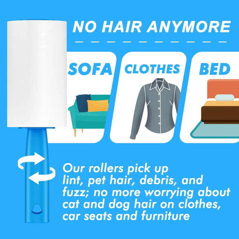 Extra Sticky Lint Roller Mega Value Set With 400 Sheets For Pet Hair Removal On Clothes Furniture And Carpet, Ideal For Dog And Cat Hair, Easy Tear Diagonal Peel Design for smooth rolling, shown with a blue handle and text highlighting its use on sofas, clothes, and beds.