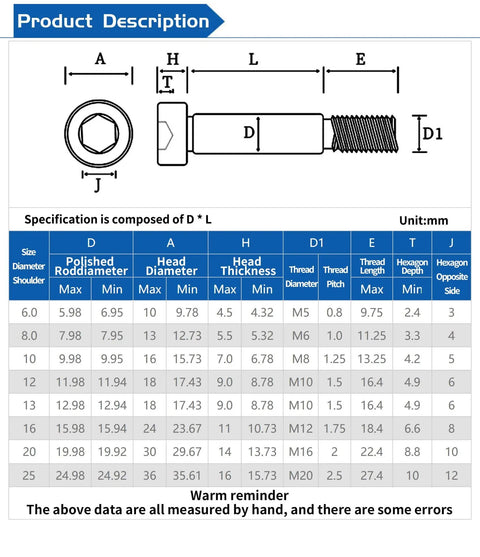Diagram of Heavy Duty M6 Shoulder Screws Alloy Steel Grade 12.9 with dimensions and specifications chart.
