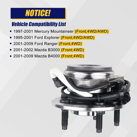 Front Wheel Bearing And Hub Assembly Compatible With Ford Explorer 1995 2005 Ranger 2001 2009 Mercury Mountaineer 1997 2001 5 Lug With ABS Replacement showing product features and compatibility list