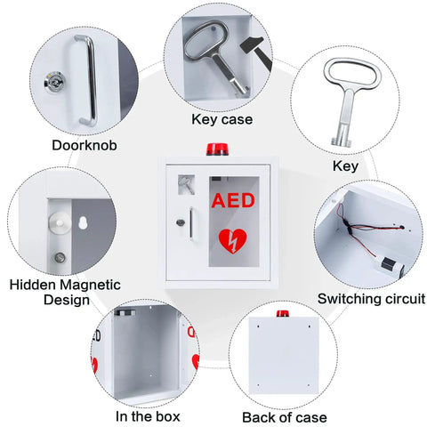 AED Cabinet Wall Mounted Defibrillator Storage In Stainless Steel With Snap Lock Alarm Bell And Warning Light diagram