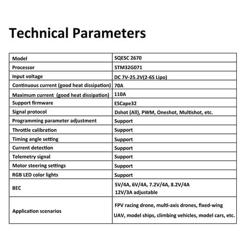 Technical parameters of Beefy 70A Brushless RC ESC For 2-6S LiPo With 128KHz Control, including model, processor, voltage, and features.