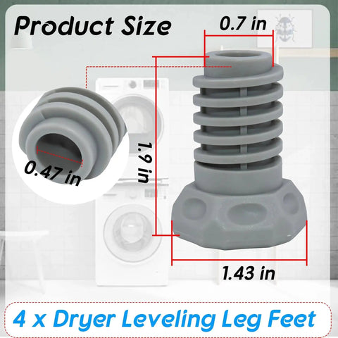 4 Pack Dryer Leveling Leg Feet Replacement For Front Load Dryers DV2 DV3 DV4 DV5 DVE product size dimensions shown