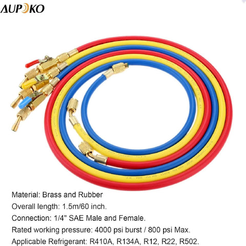 Refrigerant A/C charging hoses with ball valves, 60 in, red/yellow/blue, 1/4 in SAE, 800 psi max
