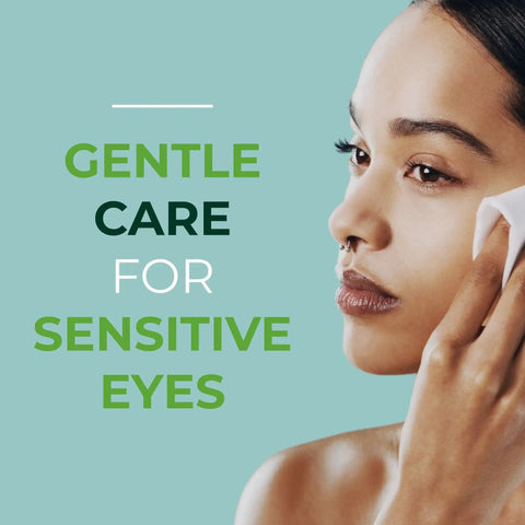 Person using Tea Tree Oil Eyelid And Lash Wipes With Hyaluronic Acid And Green Tea Chamomile beside text 'Gentle Care for Sensitive Eyes'