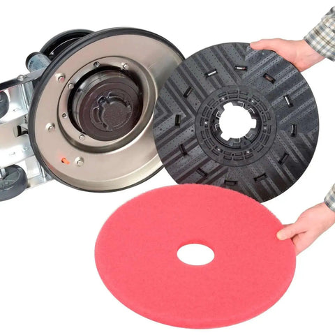 Close-up of Corded Low Speed Floor Machine components, showing 17 Inch Cleaning Path and detachable pads