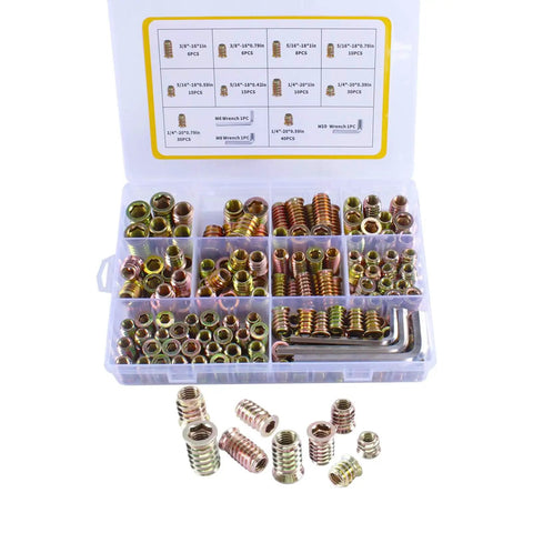 170 Piece Wood Threaded Inserts Kit With 10 Sizes And Hex Wrenches For Woodworking Furniture And Cabinet Projects, Steel Inserts.