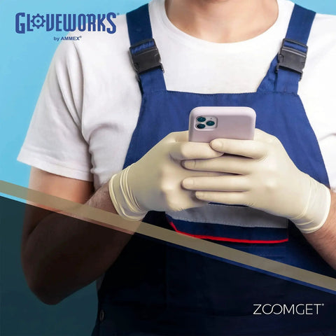 Person wearing industrial grade latex disposable gloves 8 mil powder free, holding smartphone, double chlorinated case of 1000