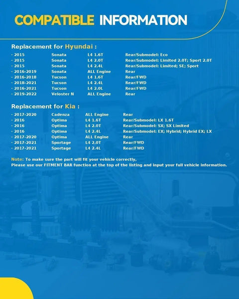 Compatibility chart for Rear Wheel Hub Bearing Assembly With ABS 5-Lug for Hyundai Sonata 2015-2019 and other models.