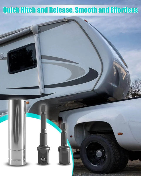Crank Handle Adapter For Coleman Fleetwood Pop Up Campers With Three Eighth Inch Socket Drill Attachment in use on camper trailer.