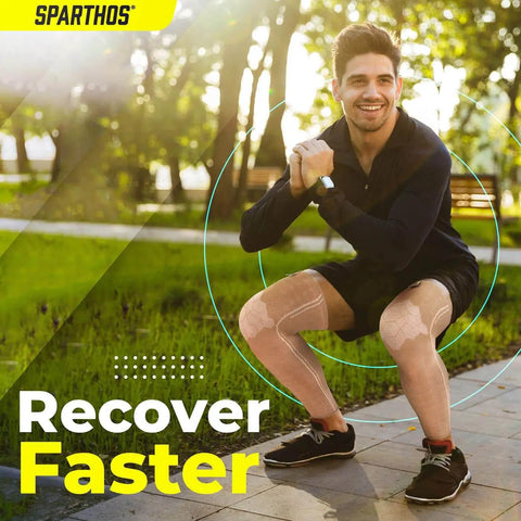 Man wearing beige leg compression sleeve for calf knee and thigh recovery pain relief and all day comfy support for sports