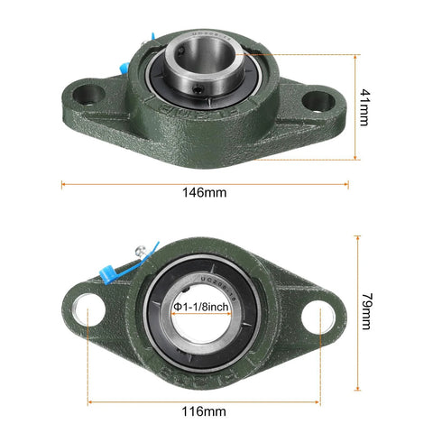 Pillow Block Bearings For One And One Eighth Inch Bore Self Aligning With Solid Cast Iron Base And Chrome Steel Sealed Bearings Two Pack Includes Four Screws And Two Keys UCFL206 18 Series Heavy Duty Mount For Machinery And Equipment, top view with dimensions.