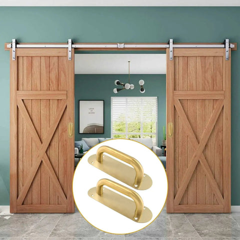 Gold Stainless Steel Barn Door Handle Pull Plates Set Of 2 With Mounting Screws In Front Of Wooden Sliding Doors