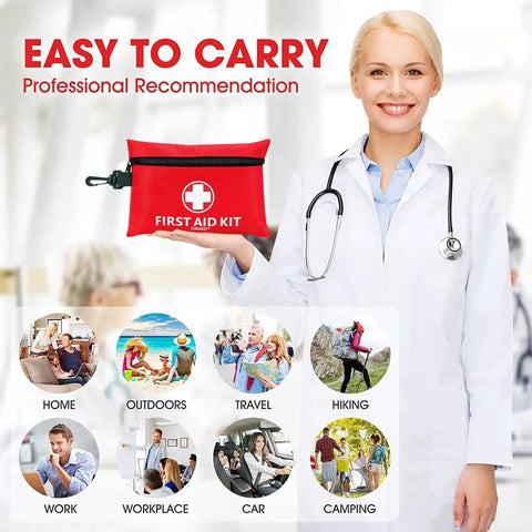 Compact 147 Piece First Aid Kit With Rotatable Buckle for cars, travel, camping; shown with images of various usage scenarios.