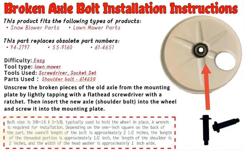 Illustration of shoulder bolt installation for Toro mower, includes wheel hub, broken axle bolt, and tools required, focus on 614650 compatibility.