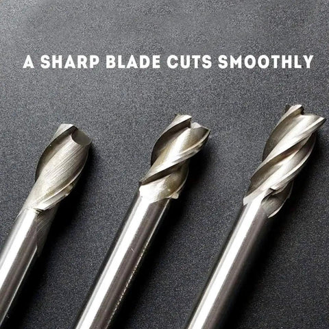 Pro Grade High Speed Steel End Mill Cutter Set Of Six With Four Flute Straight Bits For Hard Metals And DIY Milling close-up