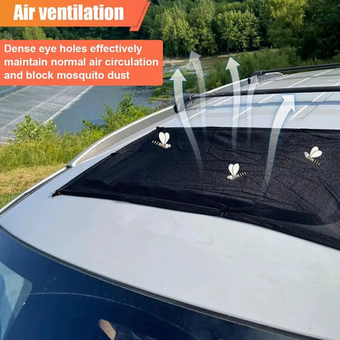 Installed Magnetic Car Sunroof Shade Mesh UV Protection Net For Mosquito Window Cover on a vehicle, showing air ventilation arrows.