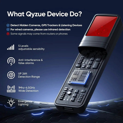 All In One Hidden Spy Camera Detector With RF Signal Scan And Infrared Lens Finder showcasing features and specifications.
