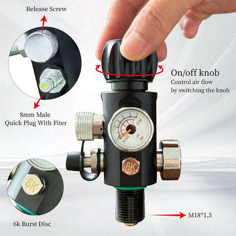 Front view of M18×1.5 paintball fill valve with 4500 psi dual gauges and 20-inch hose