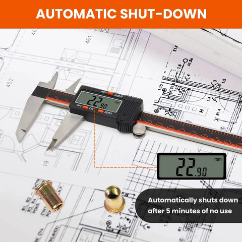 Workhorse Digital Caliper 0 To 8 Inch Range With Large LCD Auto Off Inch Fractions And MM Conversion Stainless Steel Pro Grade Electronic Micrometer shown with shut-down feature on blueprints.