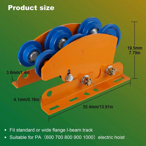 Heavy Duty I-Beam Trolley For Electric Hoist 1 Ton Capacity With Dual Track Rollers and Adjustable Flange, side view showing dimensions