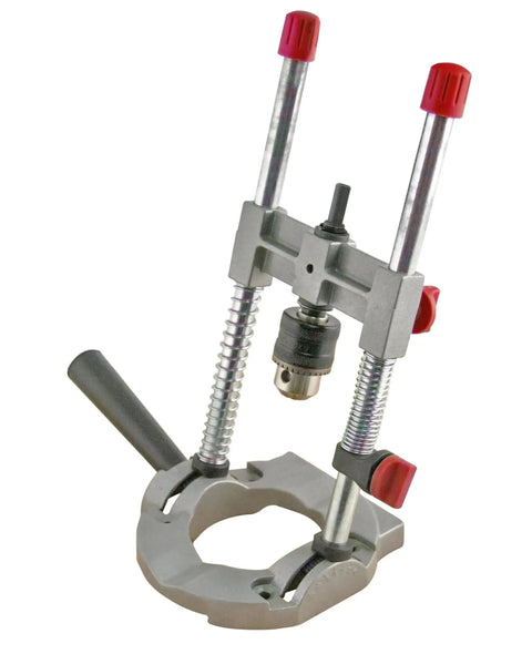 Multi Angled Drill Guide Attachment For On Site Drilling And Woodworking For One Quarter Inch And Three Eighths Inch Drills, Adjustable Up To Forty Five Degrees With A V Channel Base That Grips Curved Objects Up To Three Inches, front view of metal guide with knobs and handle.