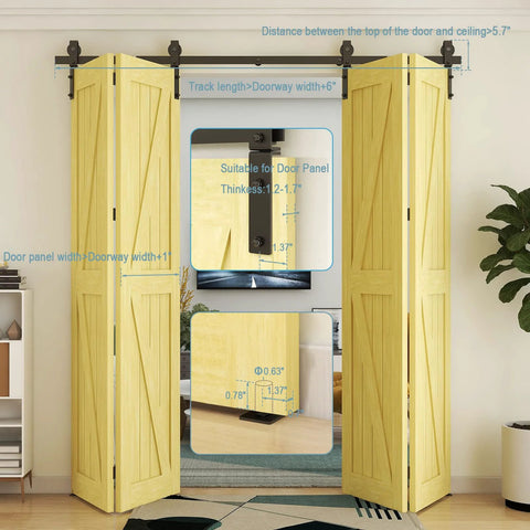 66 Inch Bi Folding Sliding Barn Door Hardware Kit With Five And A Half Foot Heavy Duty Track And Rollers For Up To Four Fifteen Inch Wide Doors Smooth Quiet Operation Easy Install Black Finish No Door Panel Included Ready To Roll installed view