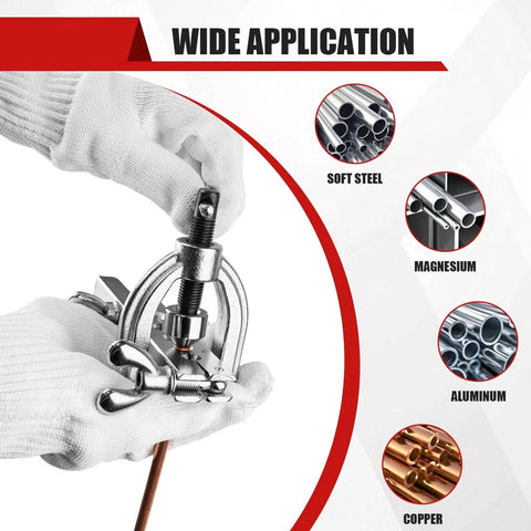 Brake Line Flaring Tool Kit With 5 Adapters For Brass Copper Aluminum 45 Degree in use on copper tubing by hands wearing gloves