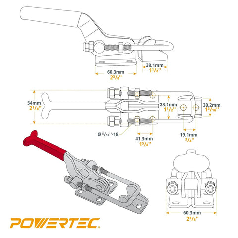 Diagram of Beefy Toggle Clamp With 2000 Lbs Holding Power, Adjustable U Bolt Latch 40341, Antislip Hand Grip, side and top view dimensions.