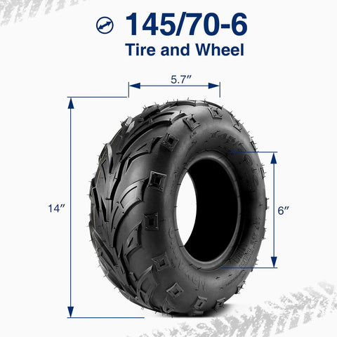Front view of 145/70-6 Tubeless ATV Tire Set Pack of 2 for Go Karts and Mini Bikes 4 Ply Rating Durable Replacement Tires Fits Small ATVs