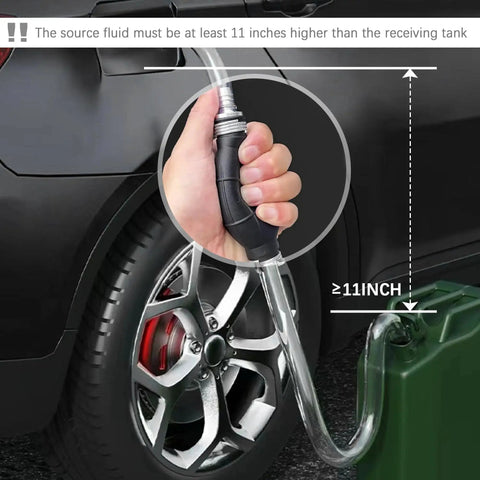 Heavy Duty Gas Siphon Pump With 6.5 Ft Hose And Brass Extender transferring fuel from car to container