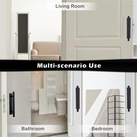 4 Pack Self Adhesive Cabinet Handles and Drawer Pulls in Black ABS Plastic installed on doors in various rooms for home decor