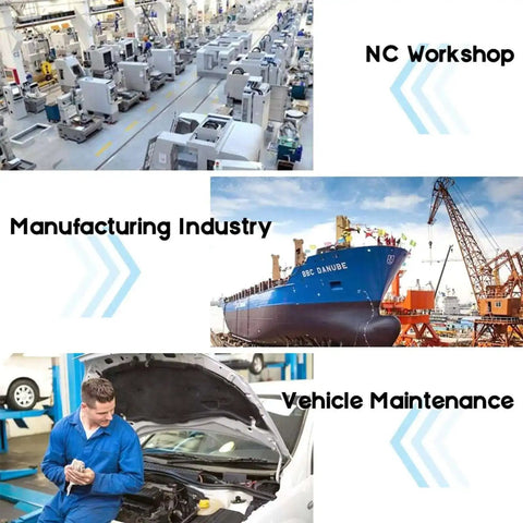 Collage of NC workshop, manufacturing industry shipyard, vehicle maintenance garage with mechanic