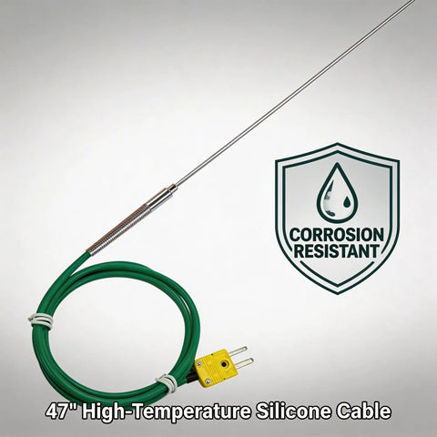 12-inch stainless steel K-type thermocouple probe with 47-inch green silicone cable and yellow plug