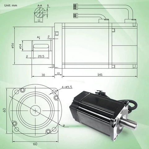 Pro Grade 110V 400W Servo Motor Kit With Driver And CNC Controller motor and technical drawing diagram