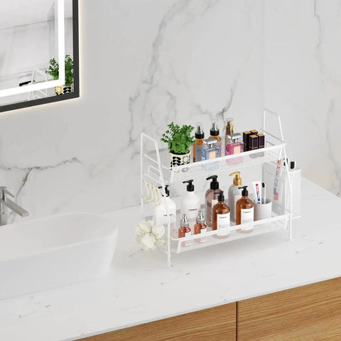 2 Tier Bathroom Organizer Countertop With Metal Wire Mesh Basket Hooks And Vanity Tray Shelf Kitchen Spice Rack White Finish