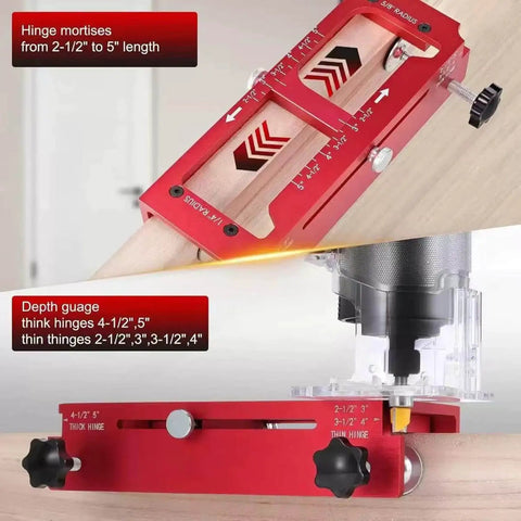 Heavy Duty Aluminum Alloy Door Hinge Template Kit For Precise Mortising Adjustable Hinge Jig in use on wooden door