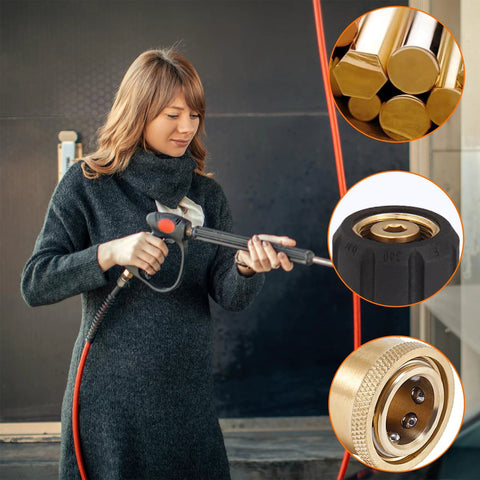 Merkaunis pressure washer adapter set with brass fittings; user holds spray wand; three brass fitting close-ups