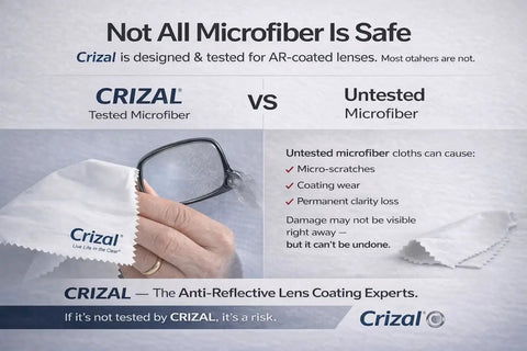 Comparison of Crizal Microfiber Cleaning Cloths for Eyeglasses Safe on AR Coatings with untested microfiber cloths.
