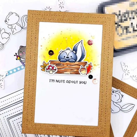 Card design with skunk illustration, stitched rectangular frame, and 'I'm nuts about you' text, using Stitched Rectangle Frame Die Cuts Set For Card Making And Scrapbooking, DIY Embossing, Photo Decor, And Gift Tags, Silver Metal Dies, 14.3x11.1cm, 3 Pieces, Perfect For Creative Crafts.