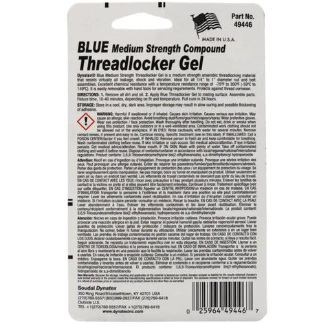 Back of packaging for Blue Gel Threadlocker Medium Strength For Metal Fasteners Removable With Hand Tools 1.20 Oz Bottle.