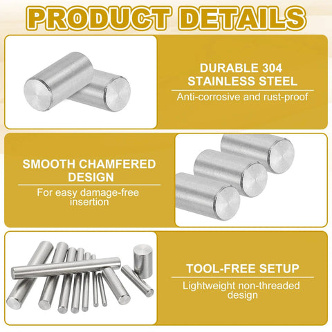 10mm X 20mm Stainless Steel Dowel Pins Set Of 6 For Shelves And Furniture Fixing, 304 stainless steel with rust-proof design.
